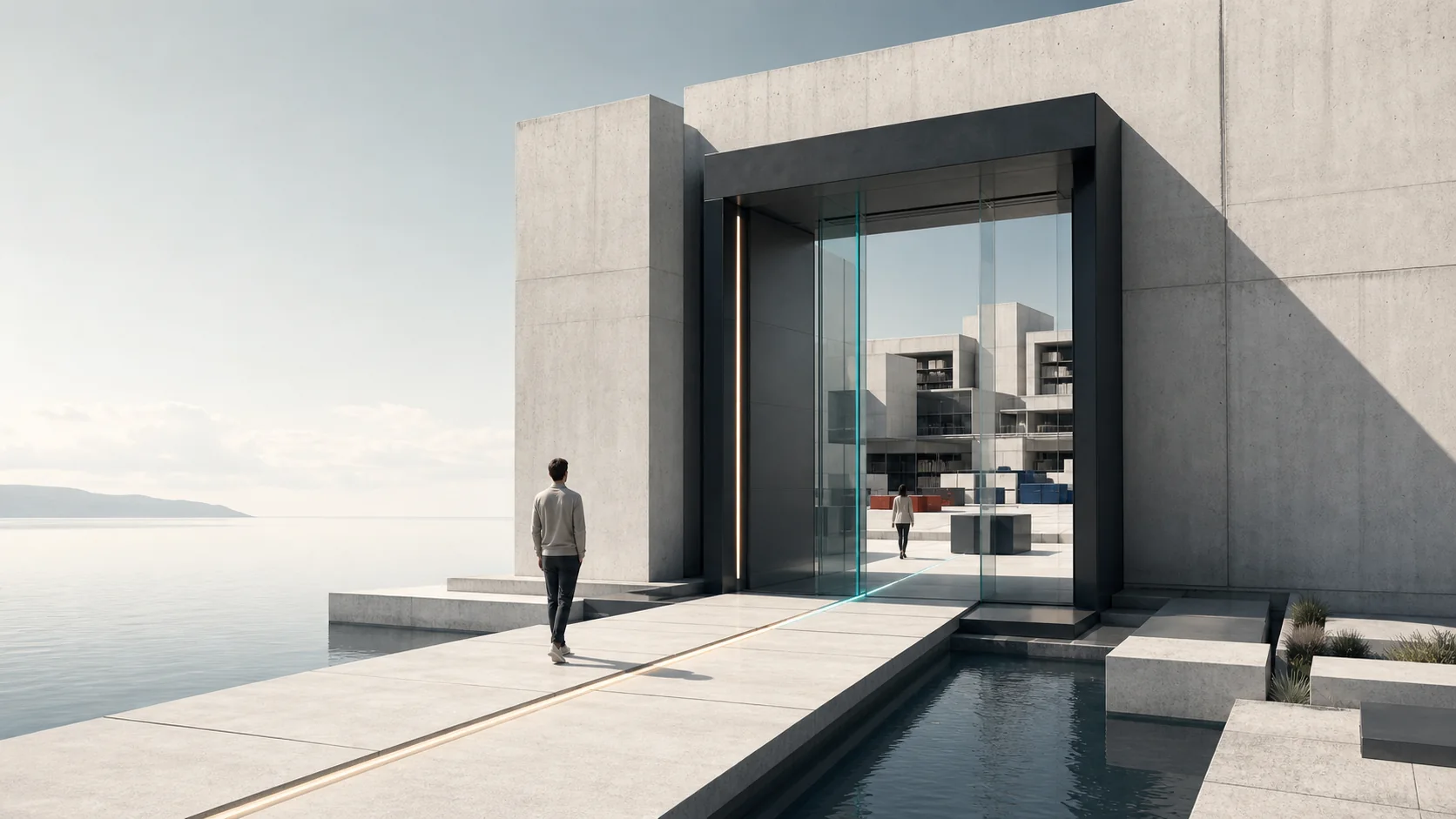 A clear path passes through a transparent controlled architectural gate into an organized project workspace.