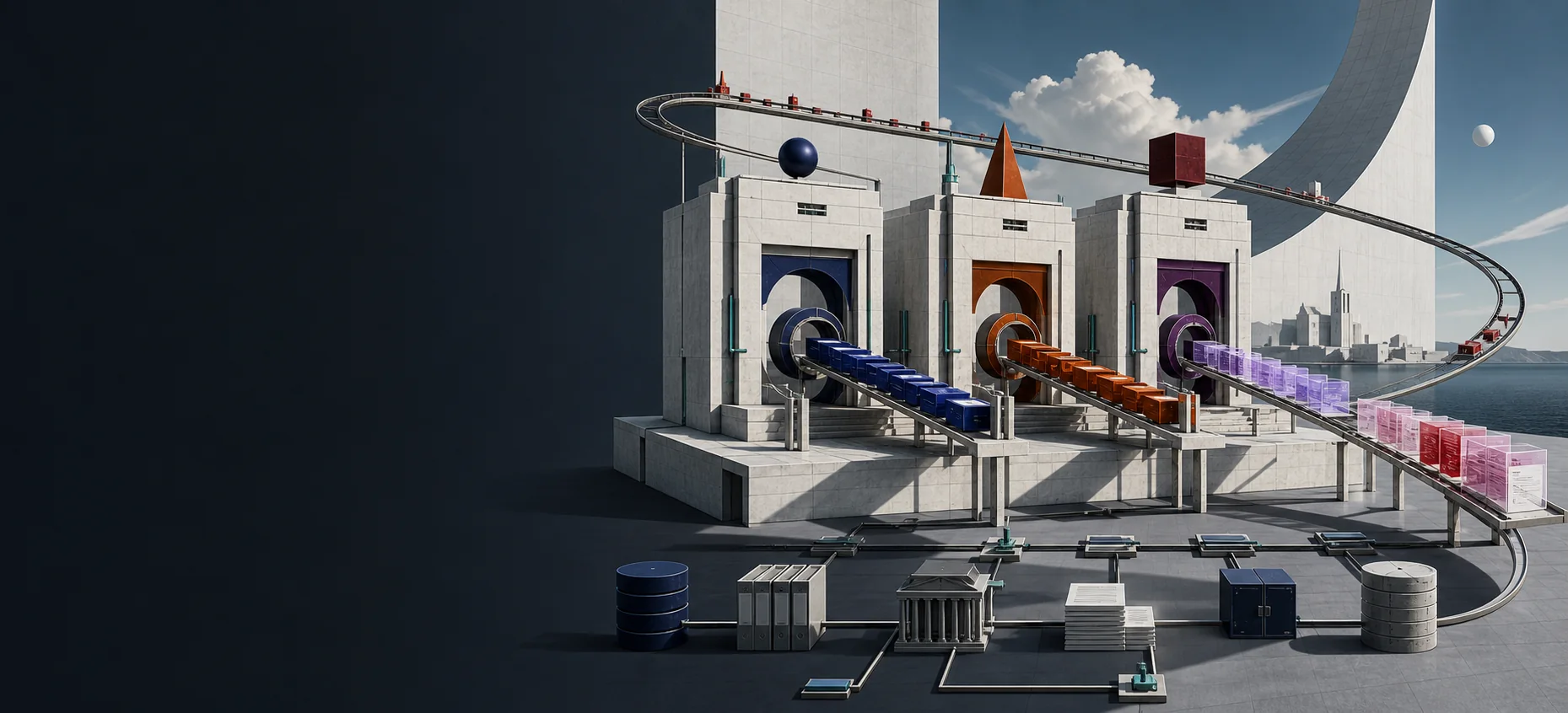 An architectural landscape connecting decision, controlled execution, and verification evidence.